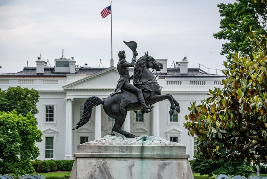 A view of Andrew Jackson's equestrian statue in front of the White House, Washington D.C.