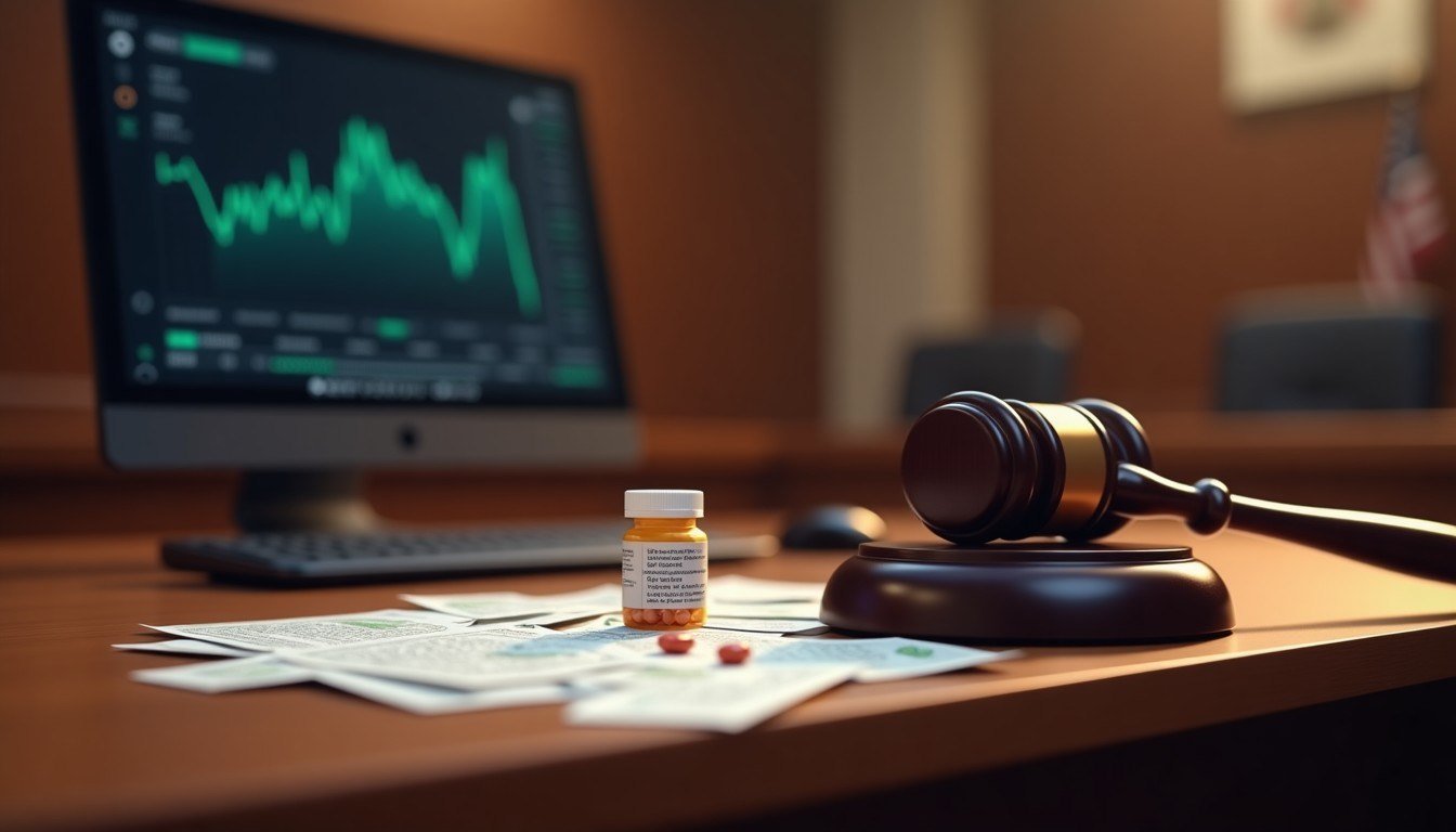 Illustration of Martin Shkreli alongside stock charts and the FTC contempt filing over his lifetime pharma ban