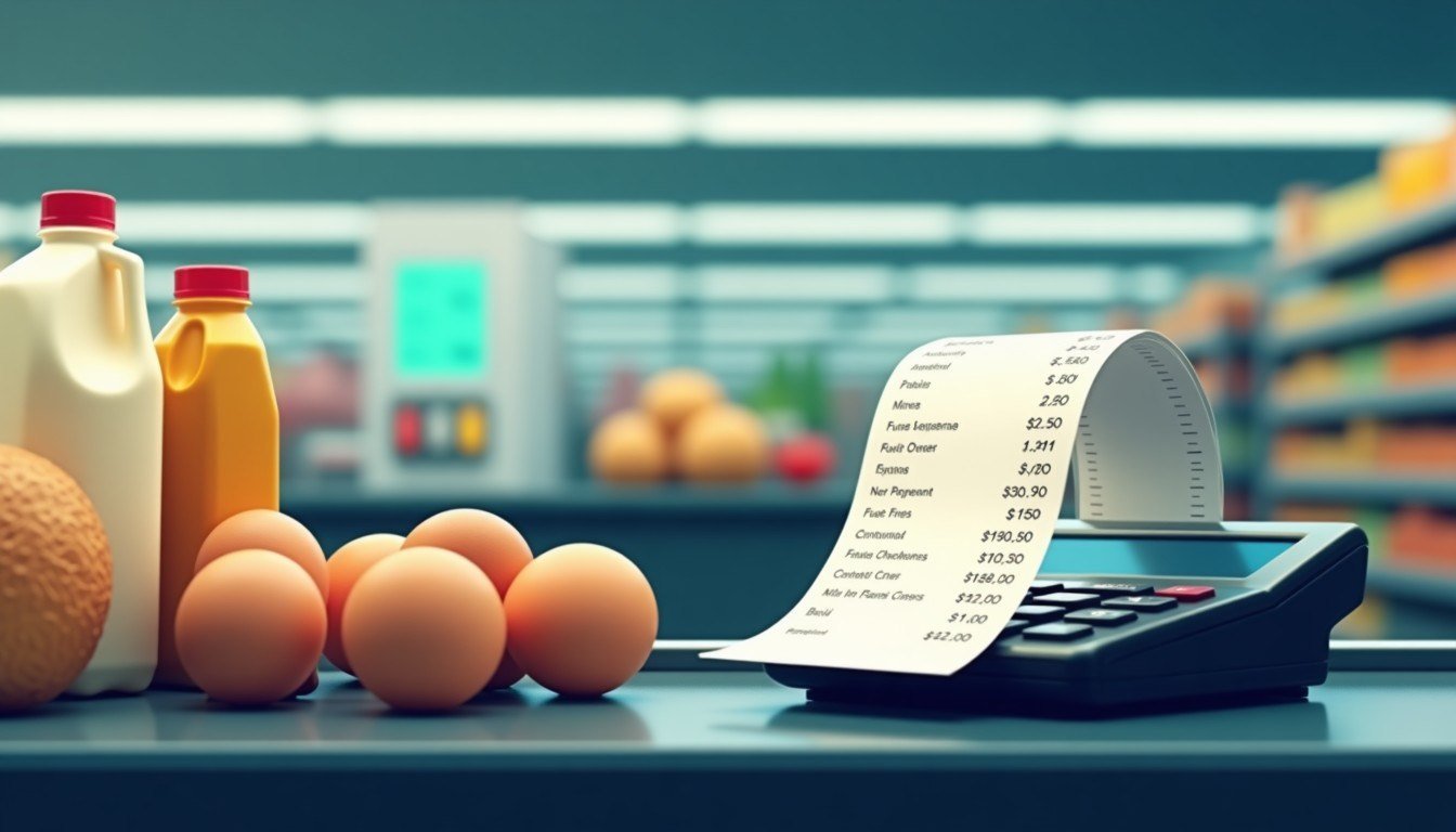 Illustration of rising US consumer prices with gasoline pump and grocery items