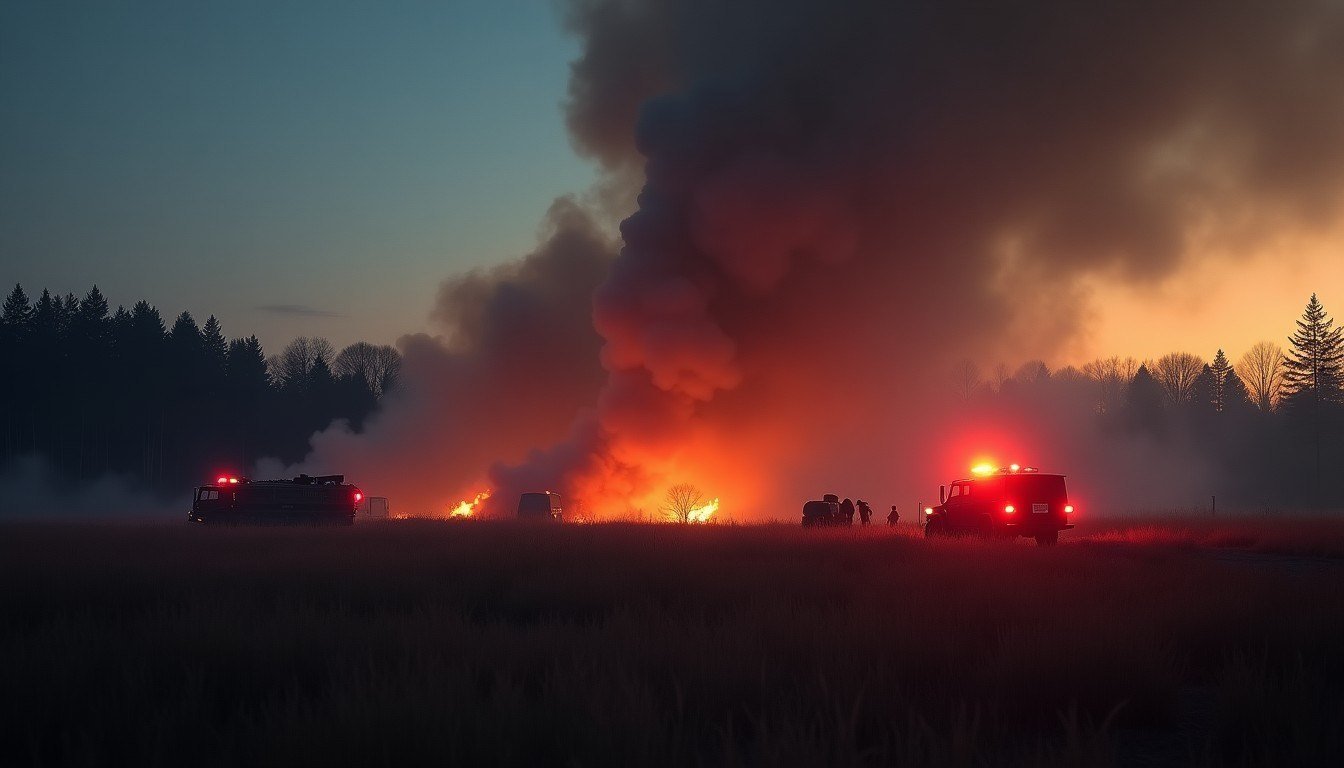 Emergency vehicles and personnel respond to a major fire at Canadian Forces Base Wainwright in Alberta.