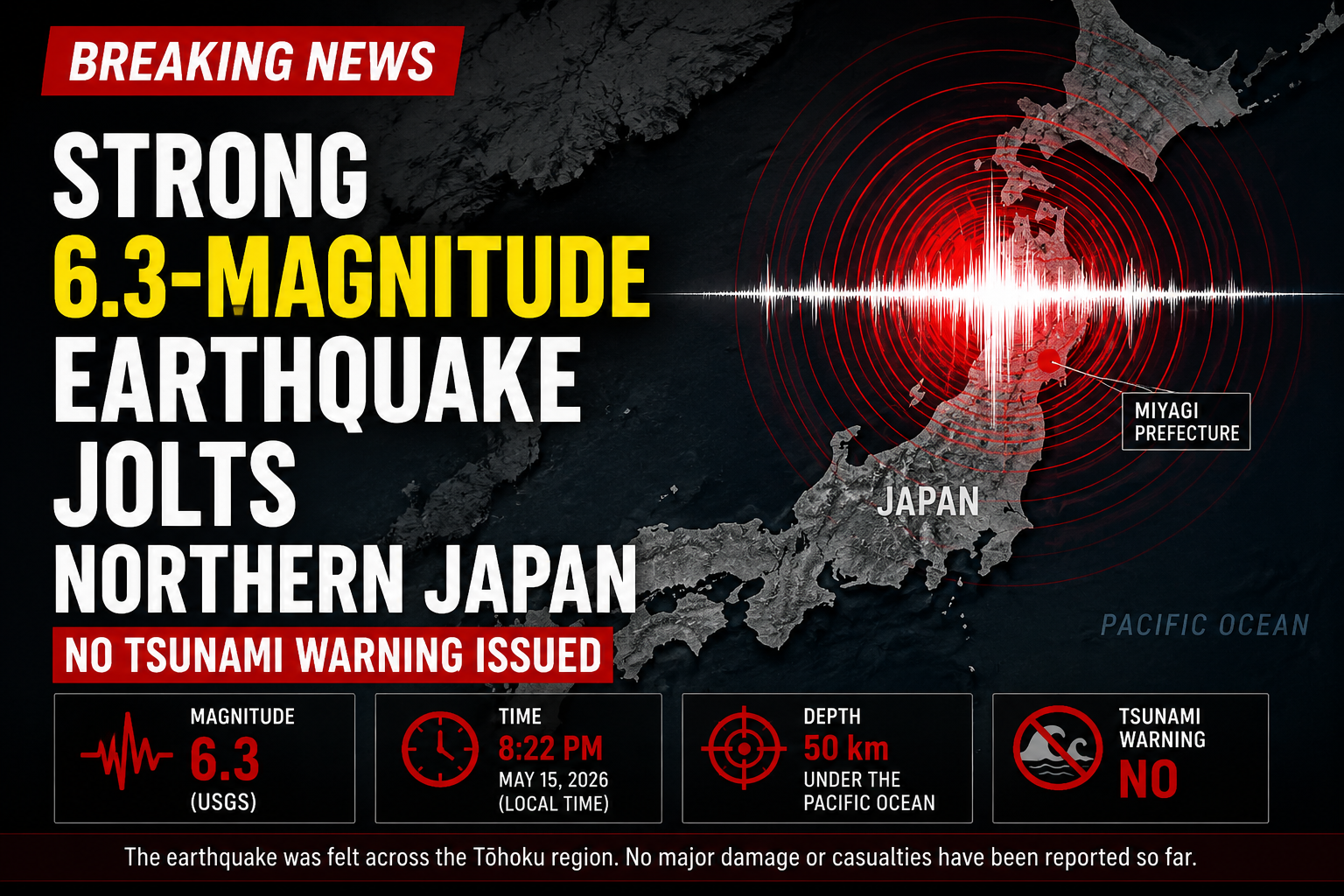 Strong 6.3-Magnitude Earthquake Jolts Northern Japan, No Tsunami Warning Issued