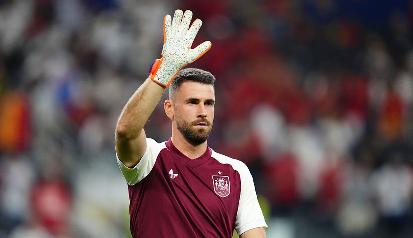 Spain goalkeeper Unai Simón celebrating a clean sheet during the 2026 World Cup