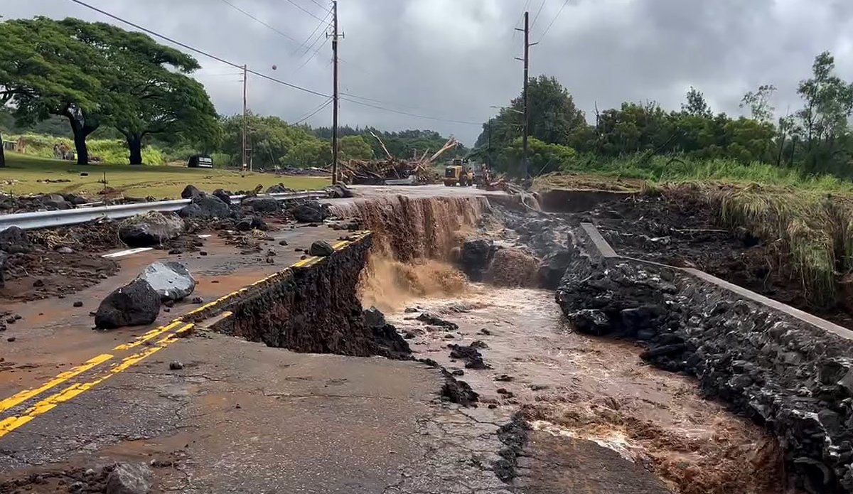 Highway 11 on Hawaii's Big Island showing damage from Hurricane Lala near the Naalehu area
