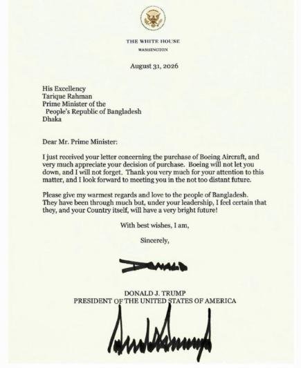 Trump’s Message to Tarique Rahman: Bangladesh’s Future Is “Very Bright” — U.S. President Assures on Boeing, Expresses Interest in Meeting Soon
